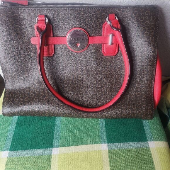 GUESS  Monogram Colorblock Brown Red Women’s Handbag - Picture 1 of 13